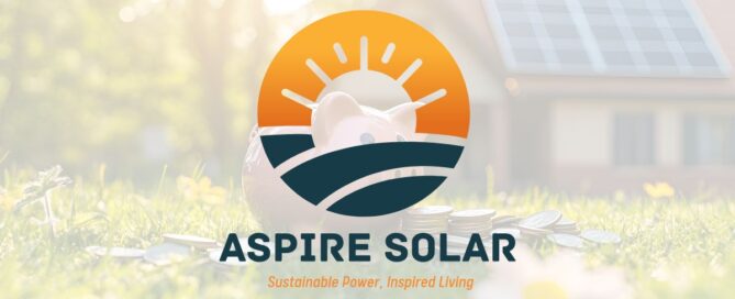 Aspire Solar promotional graphic highlighting ‘Solar Tax Credit Savings’ with bright sun and solar panel visuals, emphasizing the 30% federal tax credit and potential cost reductions for homeowners.