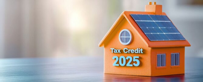 Promotional graphic with bold text reading ‘Solar Tax Credit for Homes,’ featuring sun and rooftop solar panel imagery, encouraging homeowners to take advantage of the 30% federal tax credit.